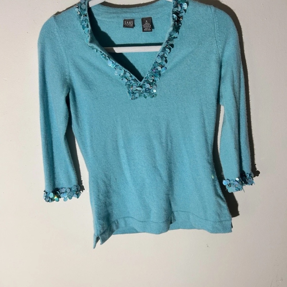 Saks Fifth Avenue Teal Embellished Cashmere Sweater Sz Small VGUC - Picture 11 of 12